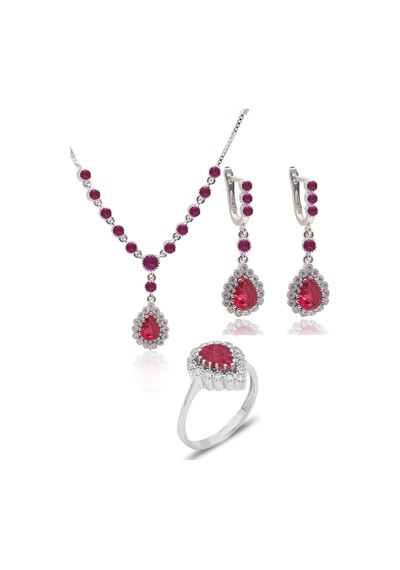 Yakut Taşlı Damla Model 925 Ayar Gümüş Kadın Üçlü Set 201025668