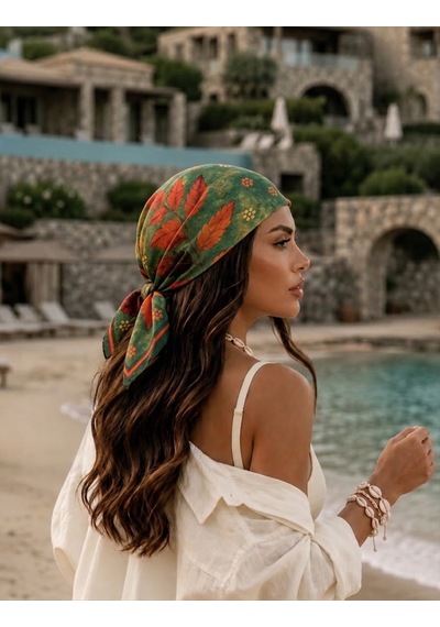 Trend Dokunuş Kadın 70-70 Saten Yaprak Desenli Fular Yeşil
