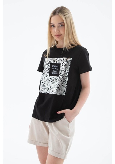Fashion Friends Baskılı %100 Pamuklu Siyah Kadın T-shirt 25y0430k1 Siyah