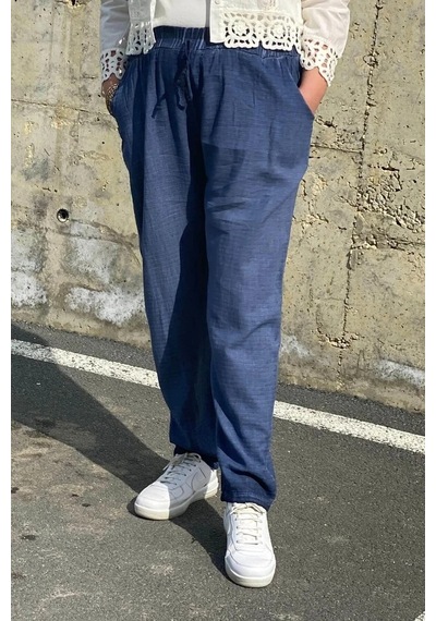 Mia Butik Büyük Beden İndigo Beli Lastikli Keten Pantolon Indigo