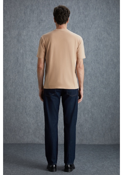 Grimelange Solo Erkek %100 Organik Pamuklu Kalın Dokulu Comfort Fit Bisiklet Yakalı Bej T-shirt Bej