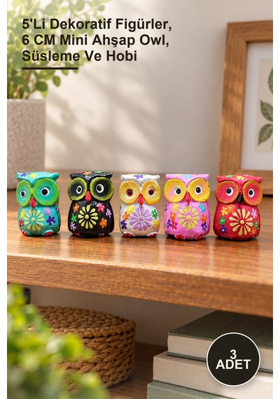 3 Adet Ahşap Baykuş Seti 5'li Dekoratif Figürler, 6 Cm Mini Ahşap Owl, Süsleme Ve Hobi