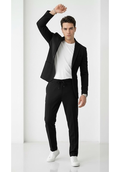 Pike Kumaş Jogger Pantolonlu Erkek Takım Elbise Torba Cepli Tek Düğme Slim Fit Kombin Siyah