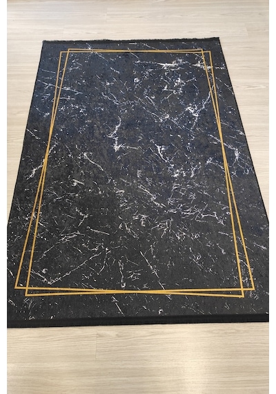 Siyah Gold Salon Halısı Mermer Desenli Siyah Mutfak Halısı