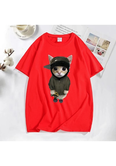 Flood Of Style Tonka T Shirt İle Yeat Kitty Erkekler Komik Sevimli Kedi Grafik Tee % Baskılı Tişört Pamuk Te Kırmızı