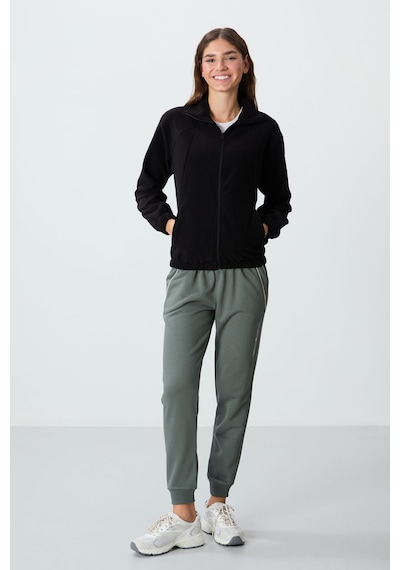 Tommy Life Siyah Kalın Yumuşak Dokulu Dik Yaka Oversize Nakışlı Polar Kadın Sweatshirt - 97293 Siyah