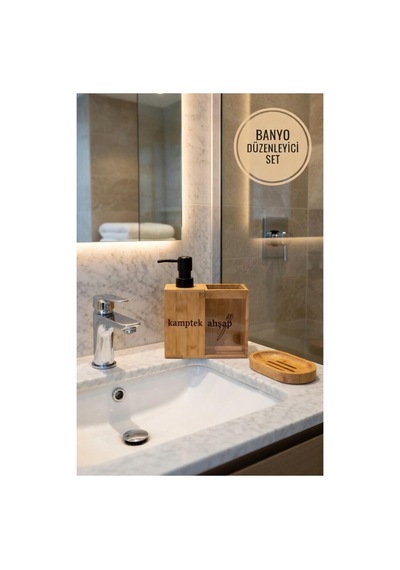 Kamptek Ahşap Bambu Banyo Düzenleyici Set - Katı + Sıvı Sabunluk Ve Diş Fırçalık Organizer Renkli