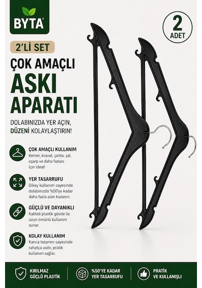 Çok Amaçlı Askı Aparatı 2 Adet Kemer, Kravat, Çanta Ve Şal Askılığı, Dolap İçi Düzenleyici Siyah