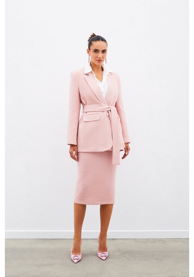 Sateen Kuşaklı Tüvit Ceket - Pudra-135021 Pudra