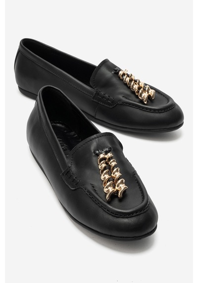 Luvi Shoes Nowell Siyah Cilt Hakiki Deri Metal Fiyonklu Kadın Loafer Ayakkabı