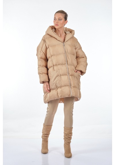 Monalure Kapüşonlu Oversize Bej Kadın Mont 1102644