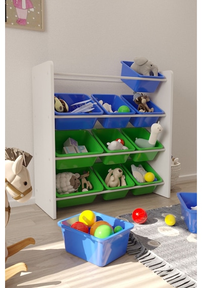 12 Sepetli Çok Amaçlı Oyuncak Dolabı Montessori Dolap Mavi-yeşil Mavi - Yeşil