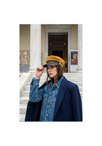 Emybox Kadın Süet Dokulu Deri Siperlikli Kaptan Şapka Vintage Kasket Şerit Detaylı Kışlık Ressam Şapkası Baker Boy Trend Aksesuar Hardal Sarı
