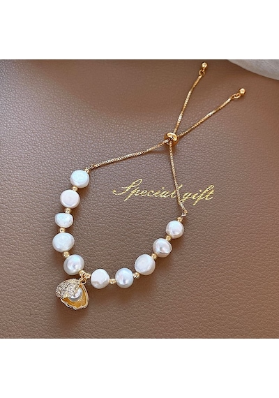 Tesbihane İncili İstiridye Tasarın Gold Renk Selenit Doğaltaş Kadın Bilekli Altın