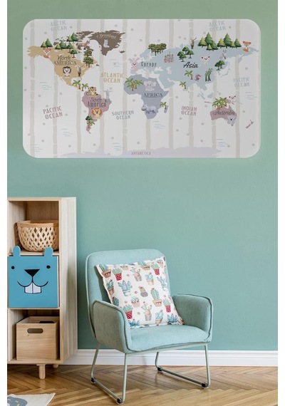 Eğitici Dünya Haritası Dünya Atlası Çocuk Ve Bebek Odası Duvar Sticker -60x105-3825 Renkli
