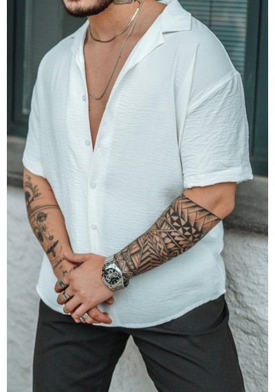 Tarz Cool Erkek Krep Kumaş Oversize Gömlek Beyaz
