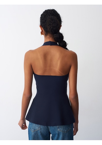 Dilvin 10787 Halter Yaka Metal Detaylı Peplum Triko Bluz-k.lacivert