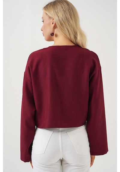 Hiccup Bdart Keten Karışımlı Bağlama Detaylı Uzun Kollu Kimono Bordo - Kırmızı