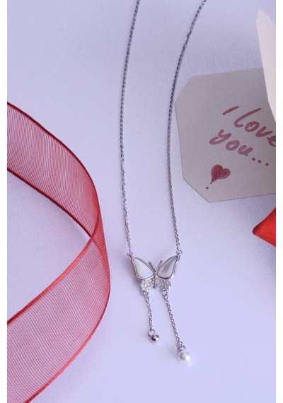 Innuendo Jewelry 925 Ayar Gümüş Sedefi İncili Taşlı Kelebek Kolye Gümüş