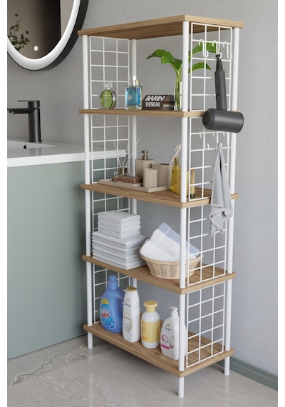 5 Katlı Çevir Kur Beyaz Metal Telli Banyo Rafı Çok Amaçlı Düzenleyici, Organizer Stand Banyo Dolabı Atlantik Çam