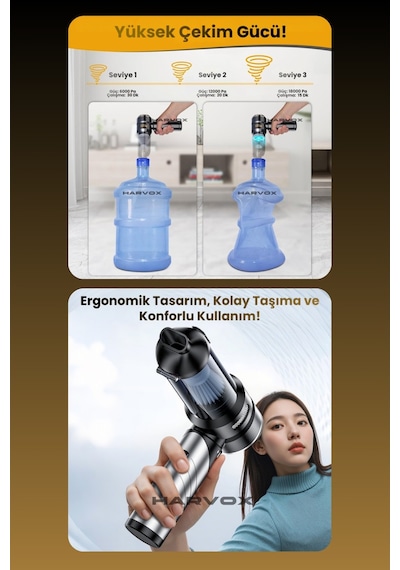 Harvox 18000 Pa Güçlü Araç Süpürgesi Taşınabilir, 6000 Mah, Üflemeli, Çantalı Gri-kahve