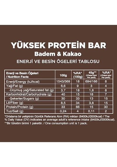 Yüksek Protein Bar, Bademli Ve Kakaolu, 45gr X 12 Adet