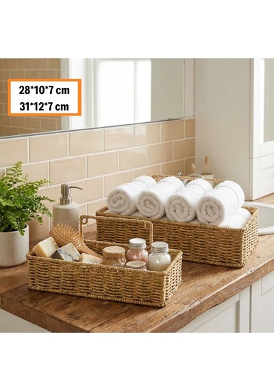 Buffer 2 Li Duvar Askılı Plastik Rattan Organizer Dikdörtgen Hasır Görünümlü Mutfak Raf Sepeti, Banyo Ve Ev İçi Düzen Kahverengi