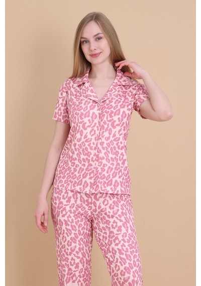 Wordex Mirano 9510-26 Desenli Pegasus Kumaş Düğmeli Kısa Kolu Kadın Pijama Takımı Pembe