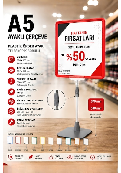 A5 Ayaklı Çerçeve Seti Plastik Ördek Ayak Teleskopik Borulu Fiyat Etiketliği Yönlendirme Levhası Menü Panosu Kırmızı