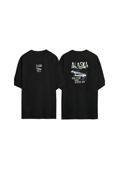 Thewert Unisex Alaska Uçak Ön Arka Baskılı Sıyah Oversize T-shirt Siyah