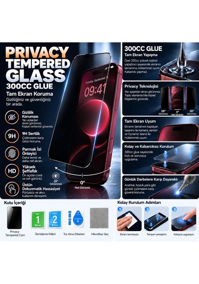 Iphone 18 Pro Max Uyumlu Privacy Hayalet Temperli Cam Ekran Koruyucu