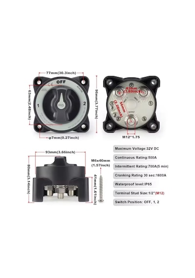 Mr-275h Akü Devre Kesici Şalteri 500a Agır Hizmet 3p 12-32v Off 1+2