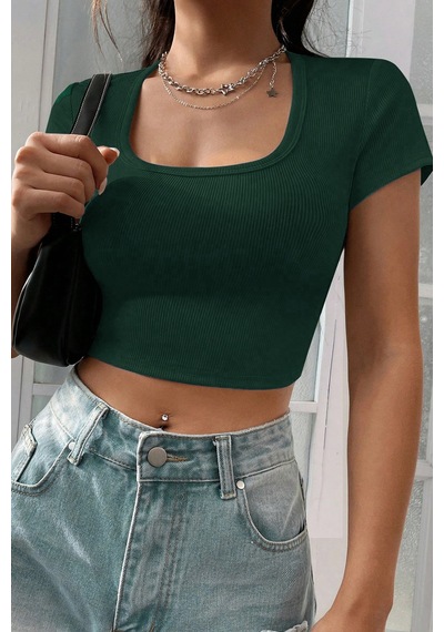 Angbutik Kadın Yeşil Yarım Kol Düz Yaka Crop Top Bluz