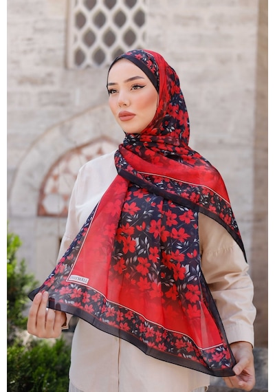 Mimiyum Lemon Flower Nayf İpek Şal - Kırmızı - Siyah