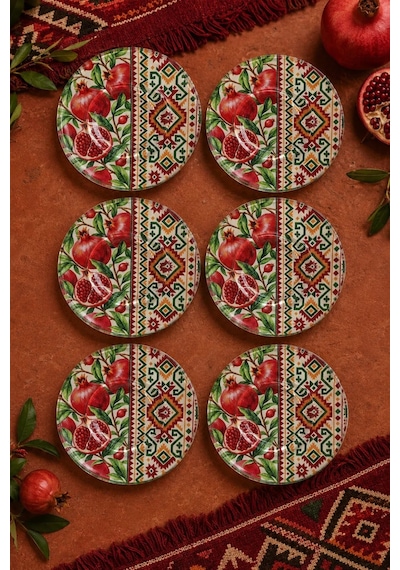 6 Lı Cam Çay Tabağı Nar Ve Kilim Desenli 12 Cm, 6 Adet Çay Tabak Kırmızı