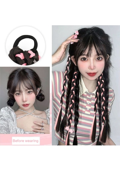 Kadınlar Ve Kızlar İçin Vurgulanmış Sentetik Lifli Renkli Örgülü Peruk Black+pink