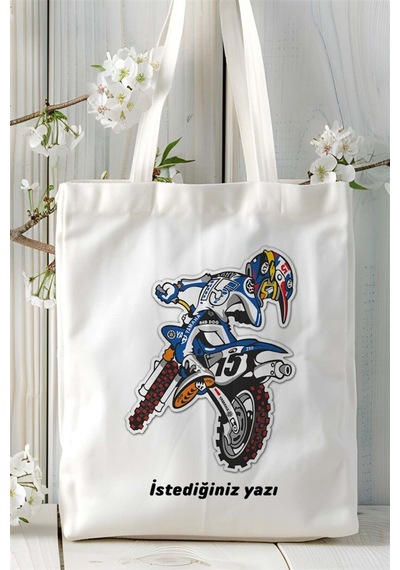 Art Hediye Motocross Moto Cross Baskılı Bez Çanta Kişiye Özel Model 4 Çok Renkli