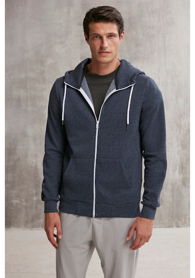Grimelange Core Erkek Fermuarlı Yüksek Yaka Kapüşonlu Kordonlu Içi Polarlı Lacivert Sweatshirt