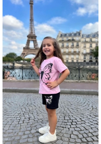 Riccotarz Kız Çocuk Puantiye Baskılı Ve Kelebek Baskılı Pembe T-shirt Şortlu Takım