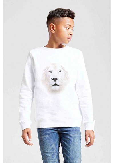 Tshirthane White Lion Baskılı Unisex Çocuk Beyaz Sweatshirt Beyaz