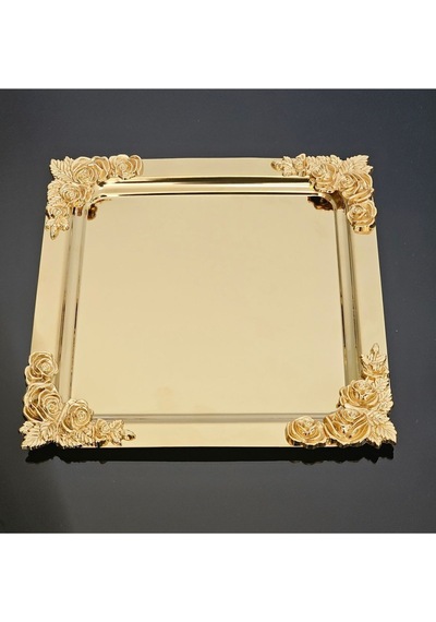 Atabey Home Collection 6'lı Kahve & Çay & Sunum Tepsisi Metal Döküm Gold Tepsi Gül Model