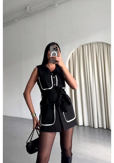 Defymoda Büyük Cep Biye Detaylı Yelek - Siyah Siyah