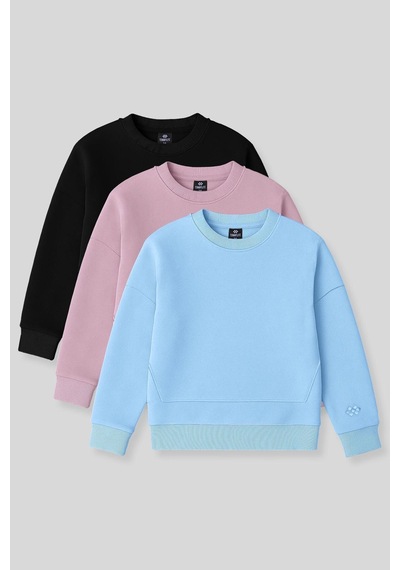 Oversize 3lü Paket Siyah-gül Kurusu-açık Mavi Kız Çocuk Sweatshirt - 75150 Siyah - Pembe