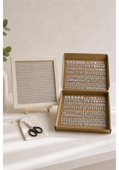 Woodart Premium Letter Board Seti, Şampanya Krem Keçe Yüzeyli Doğal Çam Ahşap Yazı Panosu Şövale Standlı Dekoratif Set