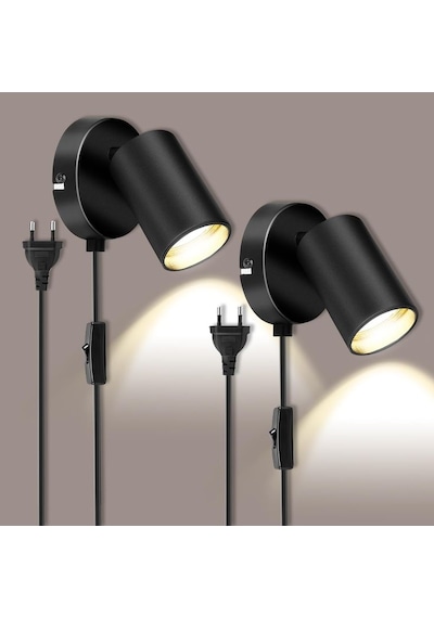 Rsylight Metal Mafsallı Siyah Spot Armatür Aplik Kablolu Fişli Beyaz Led Ampullü Siyah