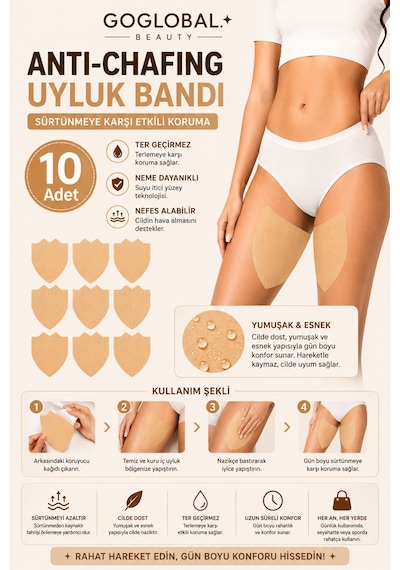 10'lu Uyluk Sürtünme Önleyici Bant Kendinden Yapışkanlı Pişik Önleyici Baldır Koruyucu Ped Kadın