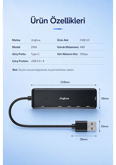 4 Port Usb 3.0 Hub Çoklayıcı, Type-c Güç Girişli 5gbps Veri Aktarım Destekli Usb Çoğaltıcı, Notebook Pc Klavye Mouse Usb Bellek Harici Disk Uyumlu Z418c