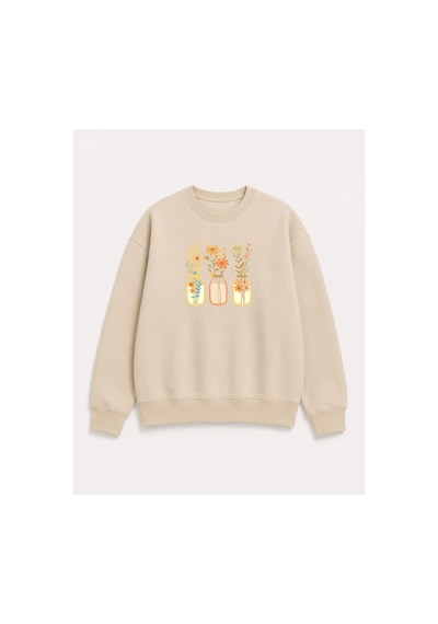 Herkesemoda Kavanoz Çiçek Baskı Detaylı Şardonlu 2 İplik Bisiklet Yaka Sweatshirt Bej