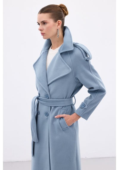 Sateen Geniş Yaka Uzun Kaban - Mavi-136668 Mavi