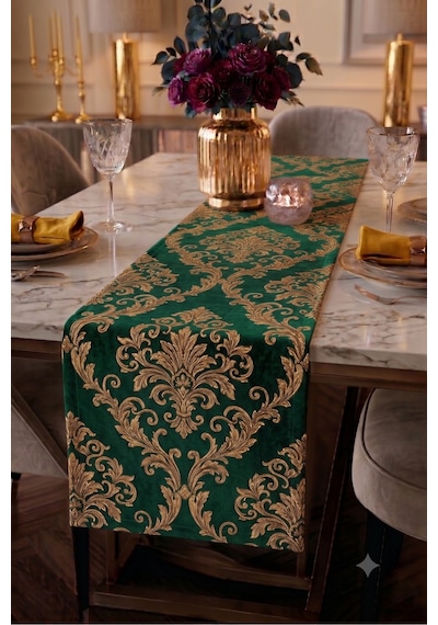 Premium Masa Runner Dijital Baskılı Soyut Desenli Dekoratif Salon Mutfak Yemek Masası Runner Örtüsü 45x140 Cm Yeşil